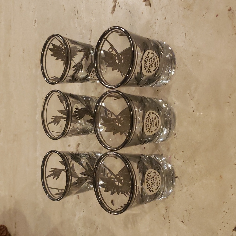 Set of 6 shot glasses from Peru with silver overlay